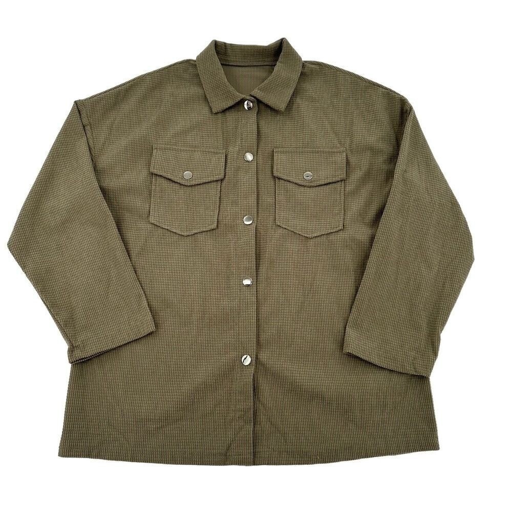 Emery Rose Olive Green Waffle Knit Snap Front Shacket Jacket Soft Womens Large